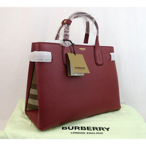 $1790 BURBERRY BANNER BURGUNDY LEATHER CHECK CANVAS SHOULDER MEDIUM TOTE BAG